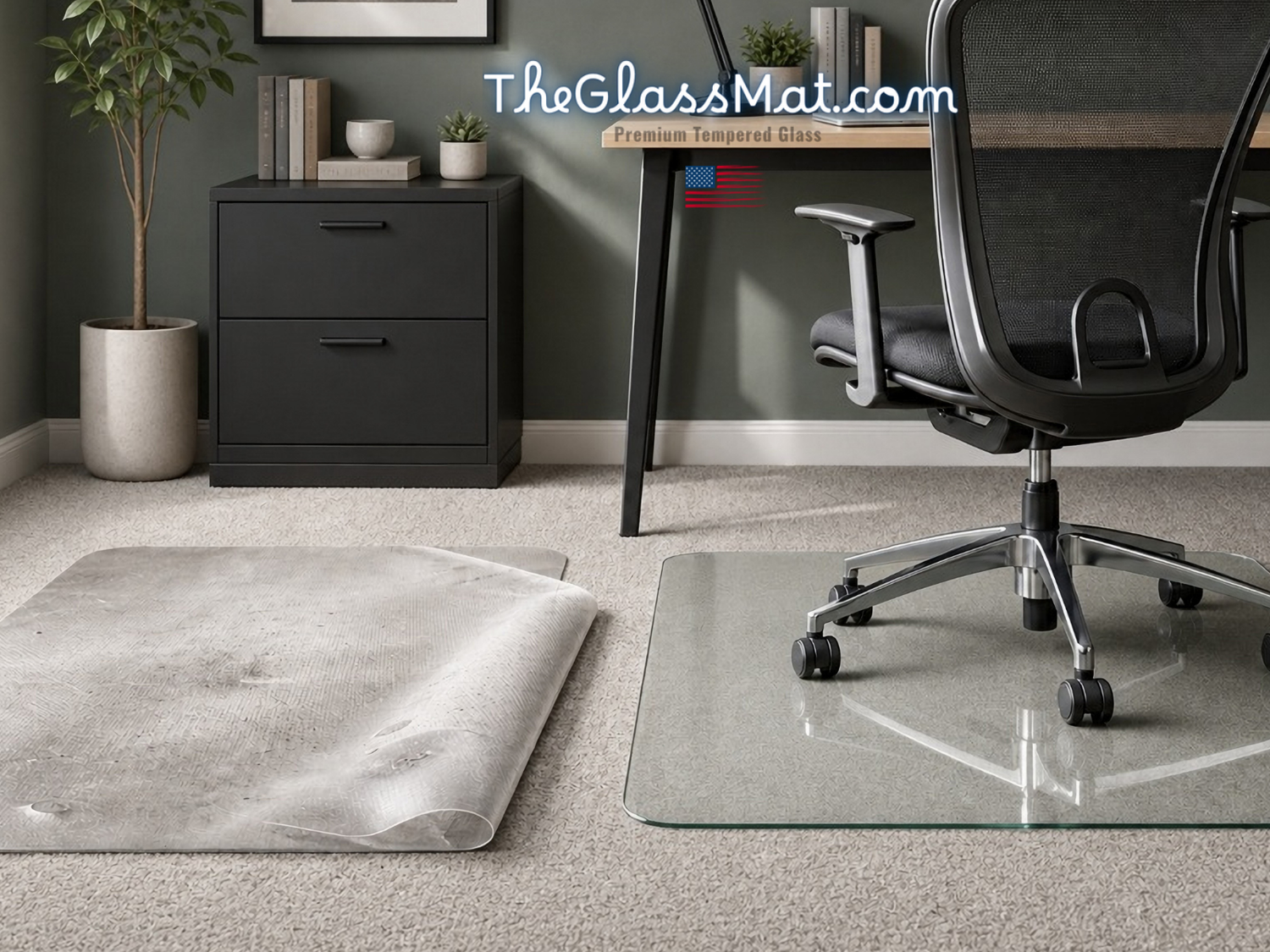 Office chair positioned on a clear tempered glass chair mat