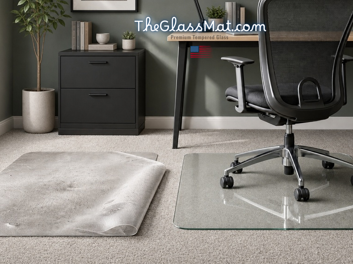 Bare carpet, plastic chair mat, and The GlassMat comparison