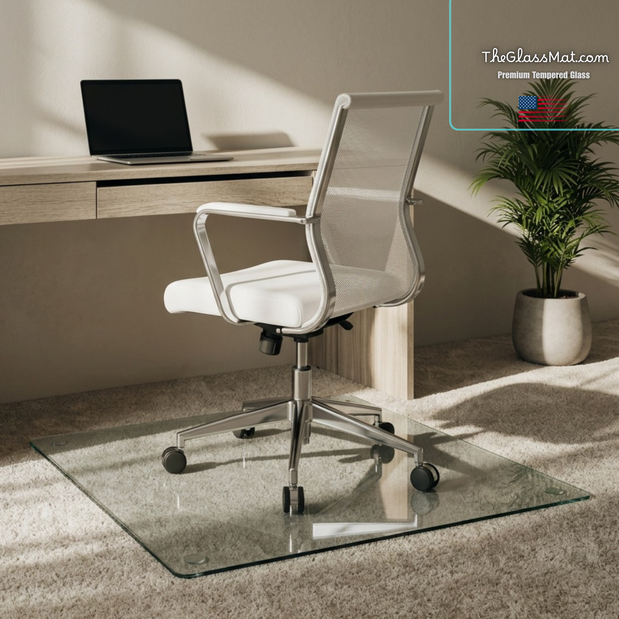 A modern white mesh office chair with a chrome five-star base sits on a clear tempered glass mat in a styled home office setting with a desk, laptop, and potted plant.