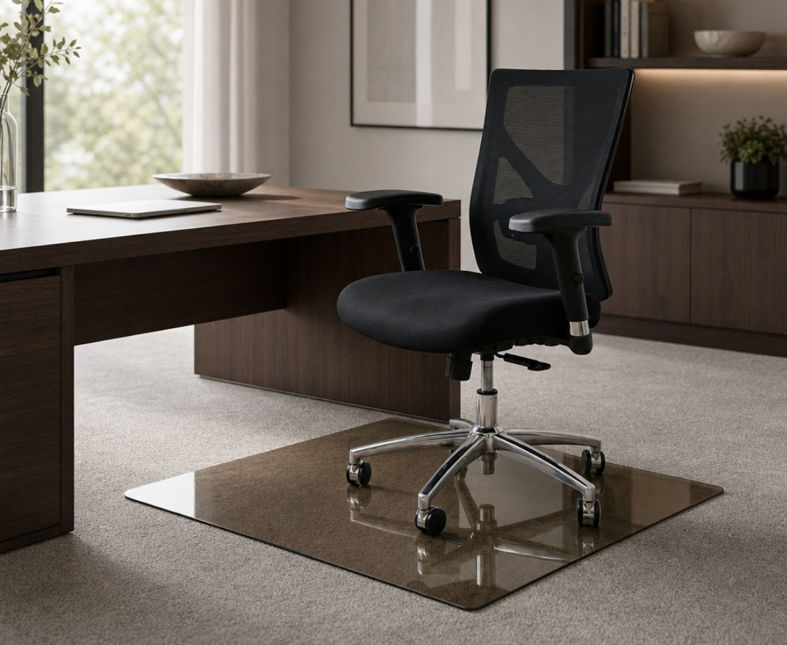 A black mesh office chair with a chrome five-star base sits on a rectangular reflective floor mat in a modern home office setting with a wooden desk and carpeted floor.