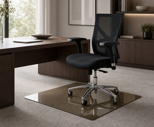 A black mesh office chair with a chrome five-star base sits on a rectangular reflective floor mat in a modern home office setting with a wooden desk and carpeted floor.