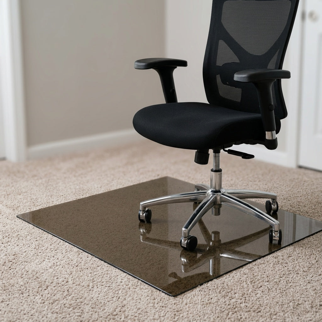 A black mesh office chair with a chrome five-star base sits on a square, dark reflective floor mat placed on a beige carpeted floor in an indoor room.