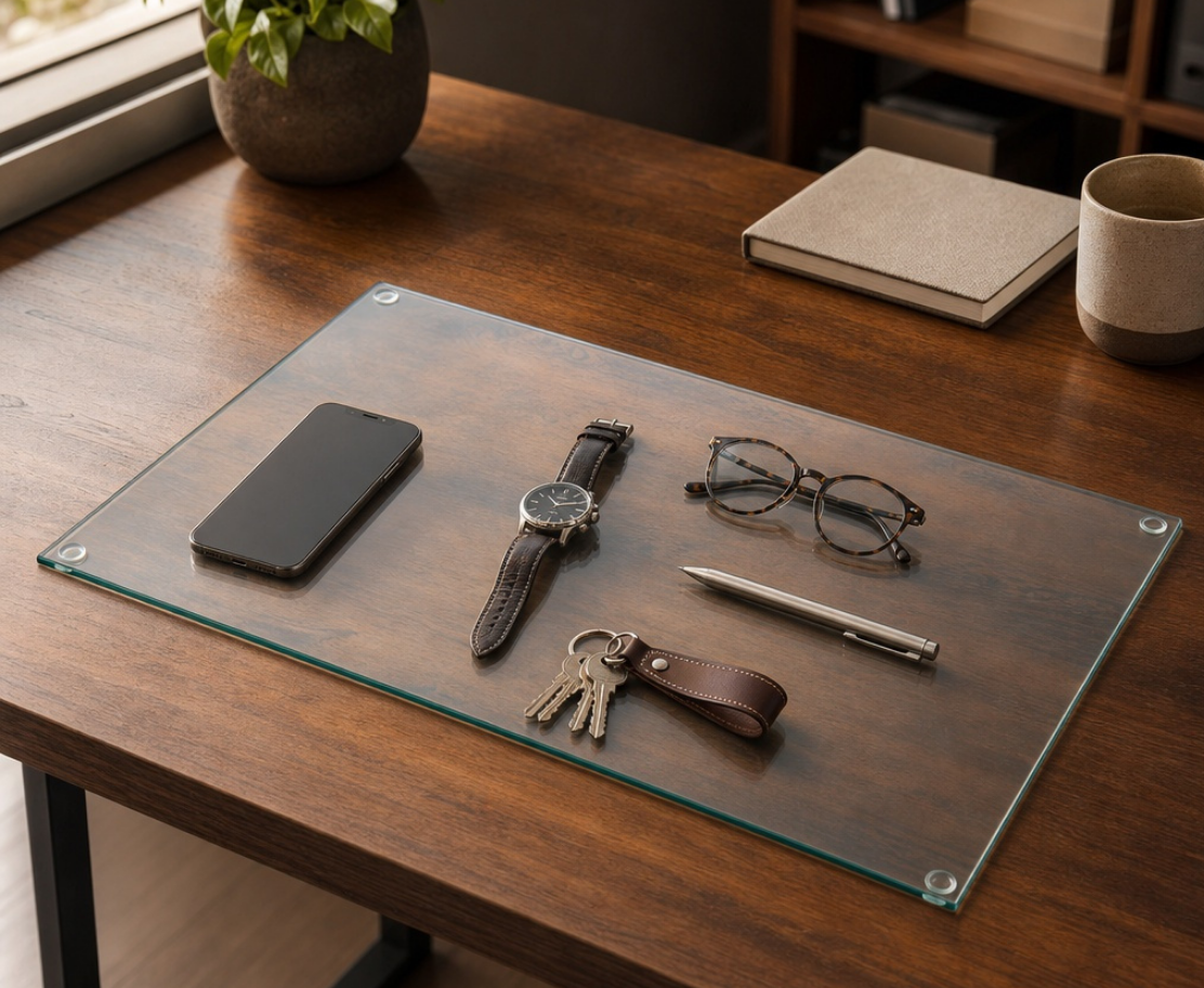A rectangular clear glass desk mat with rounded corners sits on a dark wood desk, styled with a smartphone, watch, eyeglasses, keys, and a pen. The scene is photographed in a real indoor environment with a window, plant, book, and mug visible in the background.