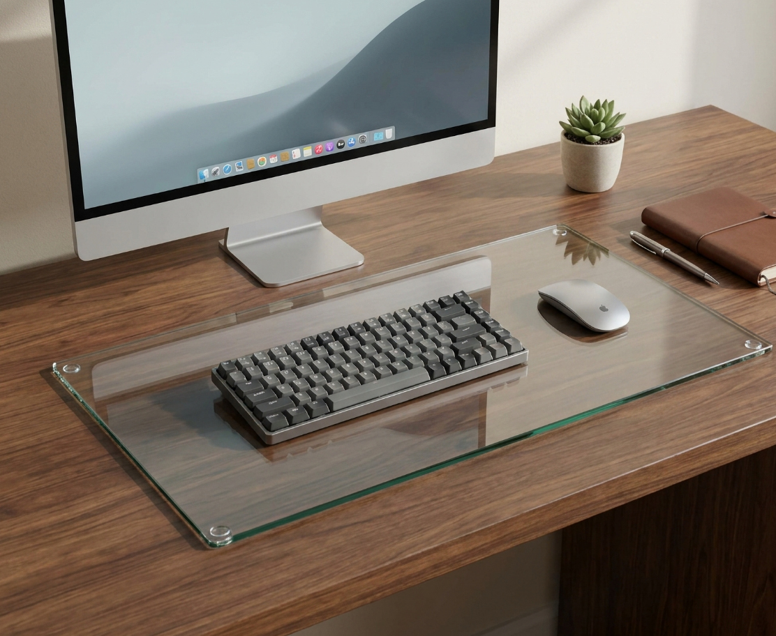 A large rectangular clear glass desk mat with rounded corners sits on a wooden desk, holding a keyboard and mouse. An iMac, small potted succulent, and brown notebook are also visible in the workspace setting.