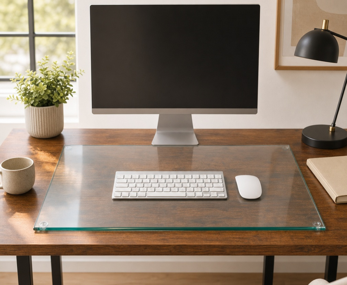 A clear glass desk mat with rounded corners laid on a wooden desk, surrounded by a keyboard, mouse, computer monitor, mug, plant, and lamp.