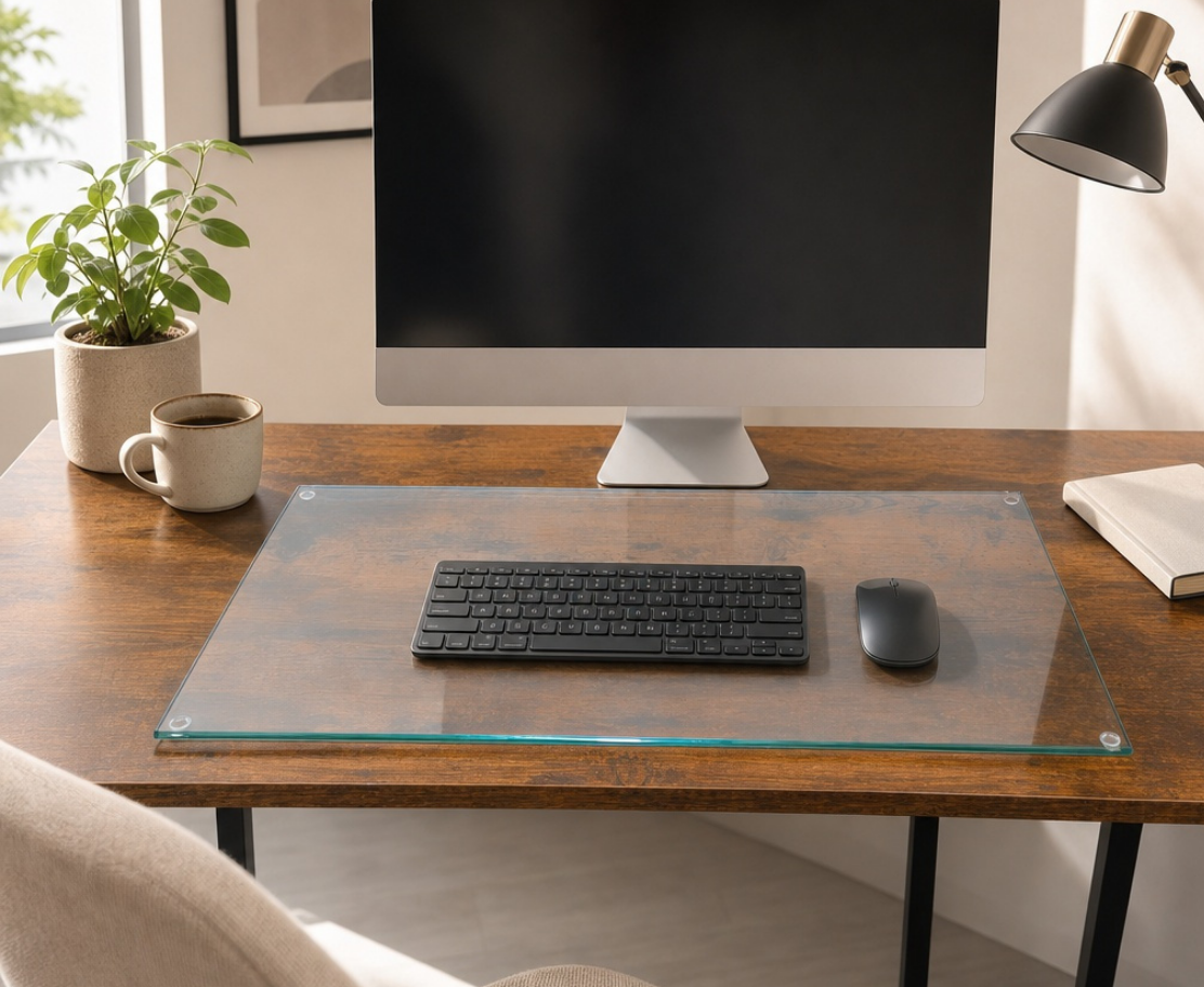 A clear glass desk mat with rounded corners sits on a wooden desk, supporting a black keyboard and mouse. The desk setup is styled with an iMac, a potted plant, a mug, a book, and a desk lamp in a bright home office environment.