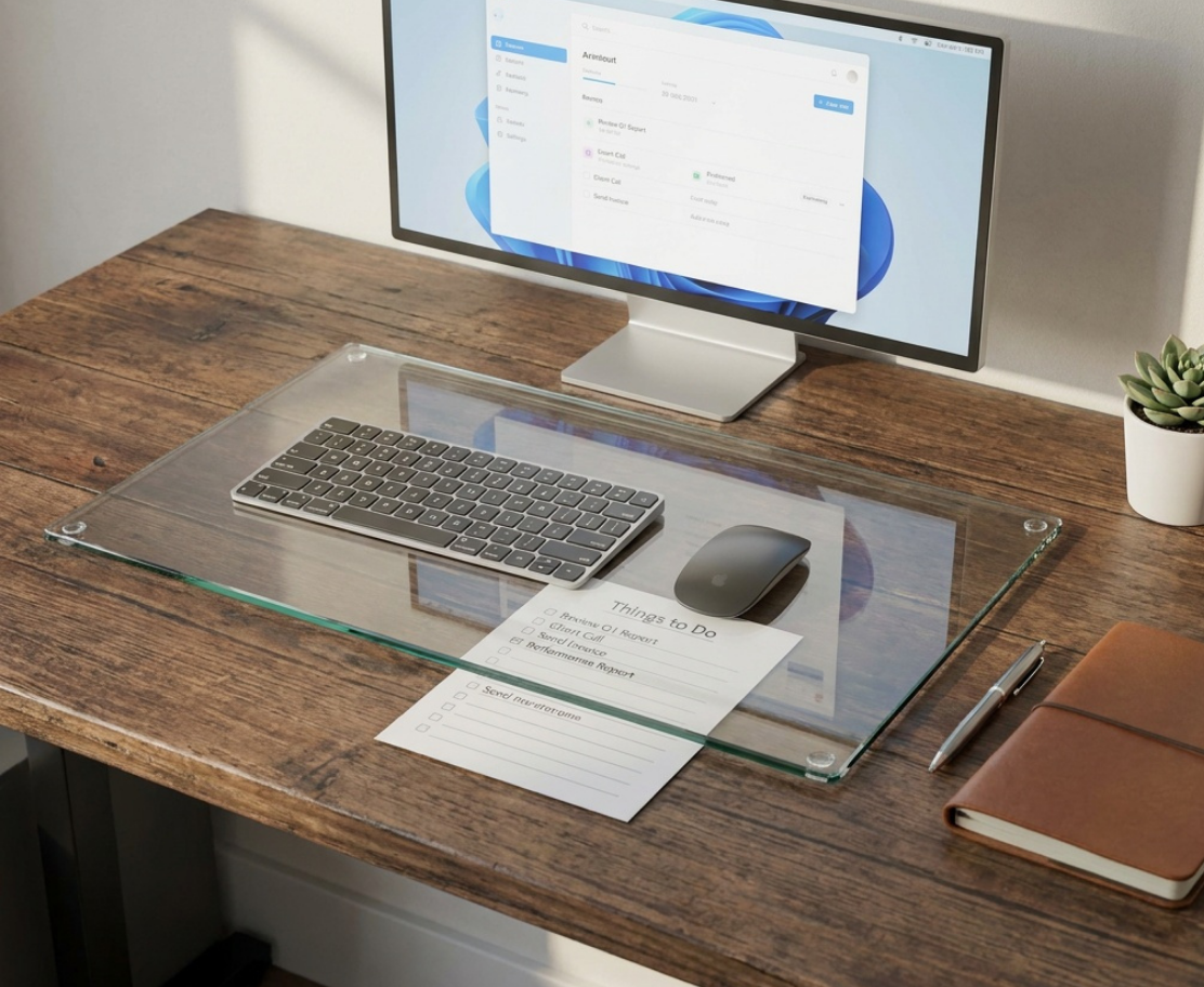 A clear glass desk mat with rounded corners sits on a dark wood desk, supporting a wireless keyboard, mouse, and a notepad. A computer monitor, a small potted succulent, and a brown notebook are arranged around it in a bright home office setting.